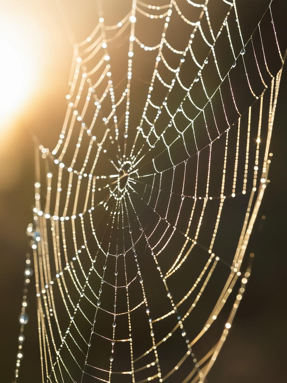 A close-up of a dew-covered spider web lit by morning sunlight.