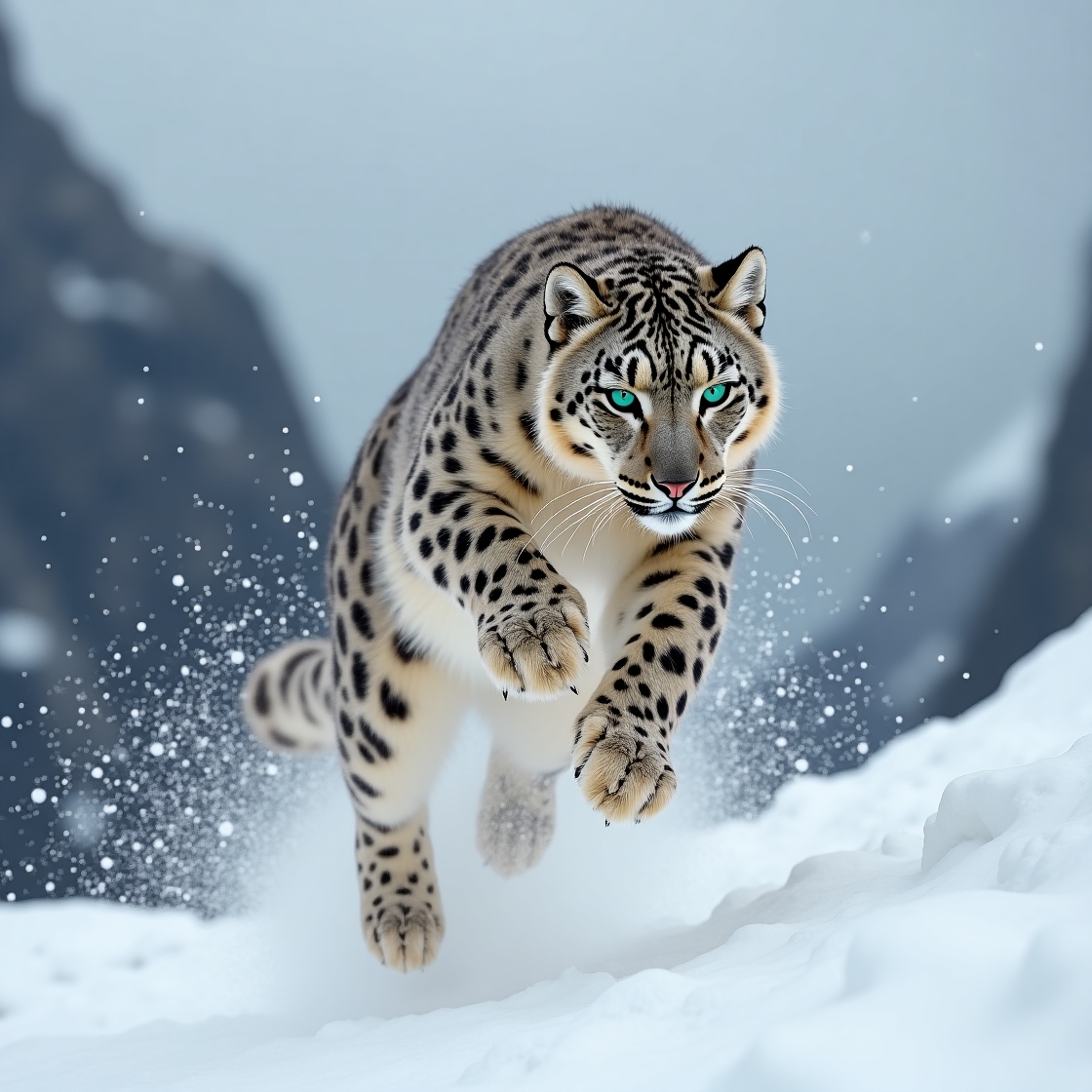 A snow leopard captured mid-leap in the Himalayas, snow scattering around.