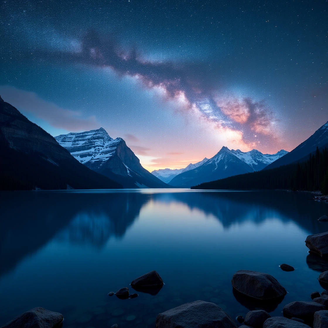 The Milky Way arching over a crystal-clear mountain lake with reflections.