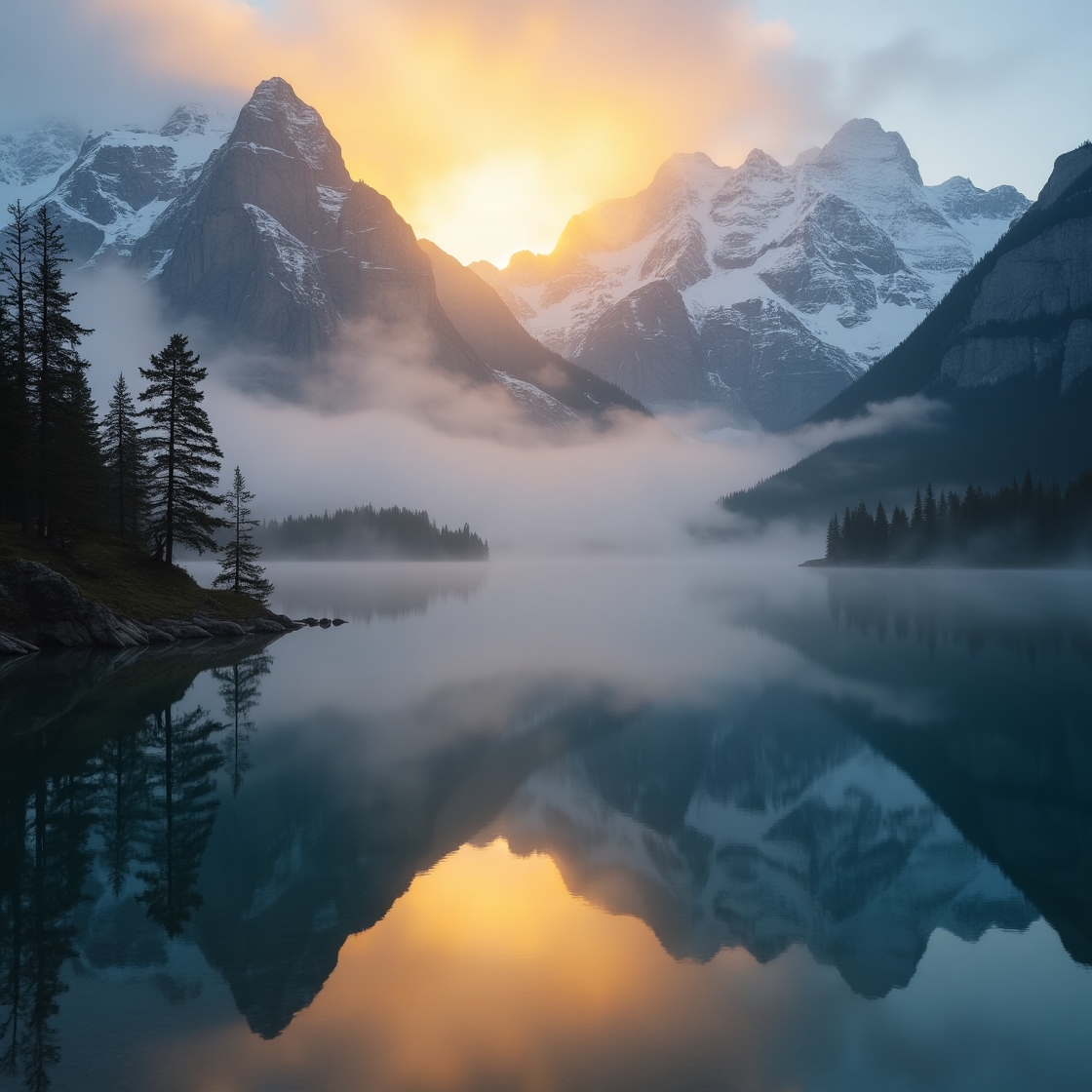 A golden sunrise piercing through thick mountain fog over a serene alpine lake.